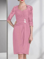 Sheath/Column Sweetheart Knee-Length Chiffon Mother of the Bride Dress With Beading Appliques Lace Sequins Pleated by Dreamylily