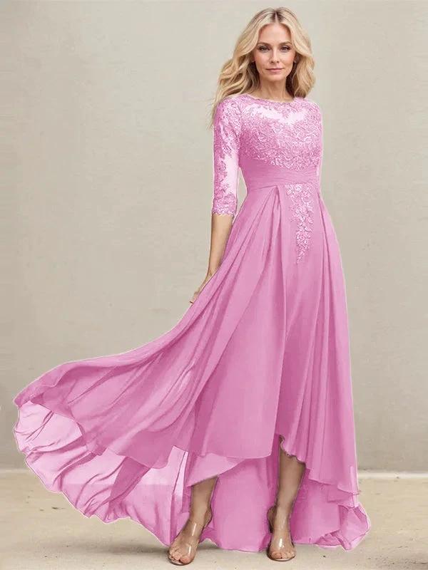 A-line Scoop Illusion Asymmetrical Lace Chiffon Mother of the Bride Dress With Pleated Sequins by Dreamylily
