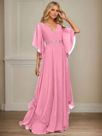 A-line V-Neck Floor-Length Chiffon Mother of the Bride Dress With Sequins Appliques Lace Beading by Dreamylily