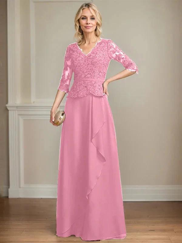A-line V-Neck Floor-Length Lace Chiffon Mother of the Bride Dress With Cascading Ruffles Sequins by Dreamylily