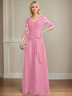 A-line V-Neck Floor-Length Lace Chiffon Mother of the Bride Dress With Cascading Ruffles Sequins by Dreamylily