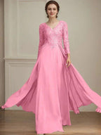 A-line V-Neck Floor-Length Lace Chiffon Mother of the Bride Dress With Sequins by Dreamylily