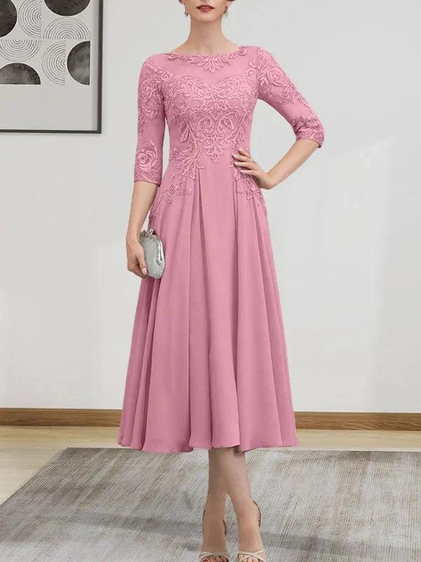 A-line Scoop Illusion Tea-Length Chiffon Lace Mother of the Bride Dress With Beading Sequins by Dreamylily