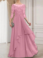 A-line Scoop Illusion Floor-Length Lace Chiffon Mother of the Bride Dress With Cascading Ruffles by Dreamylily
