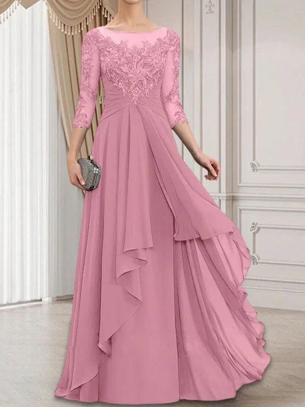 A-line Scoop Illusion Floor-Length Lace Chiffon Mother of the Bride Dress With Cascading Ruffles by Dreamylily