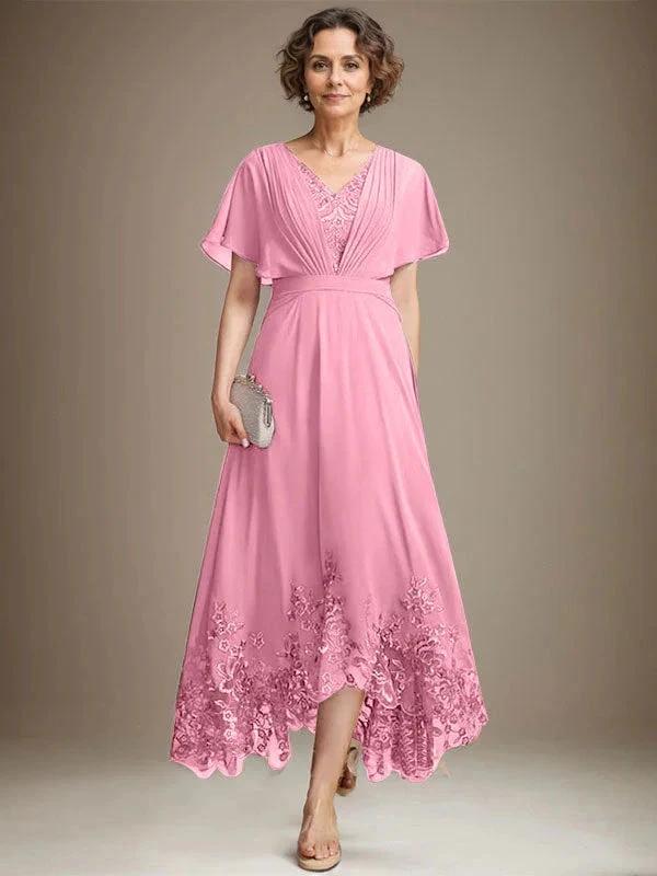 A-line V-Neck Asymmetrical Lace Chiffon Mother of the Bride Dress With Pleated by Dreamylily