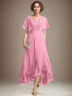A-line V-Neck Asymmetrical Lace Chiffon Mother of the Bride Dress With Pleated by Dreamylily