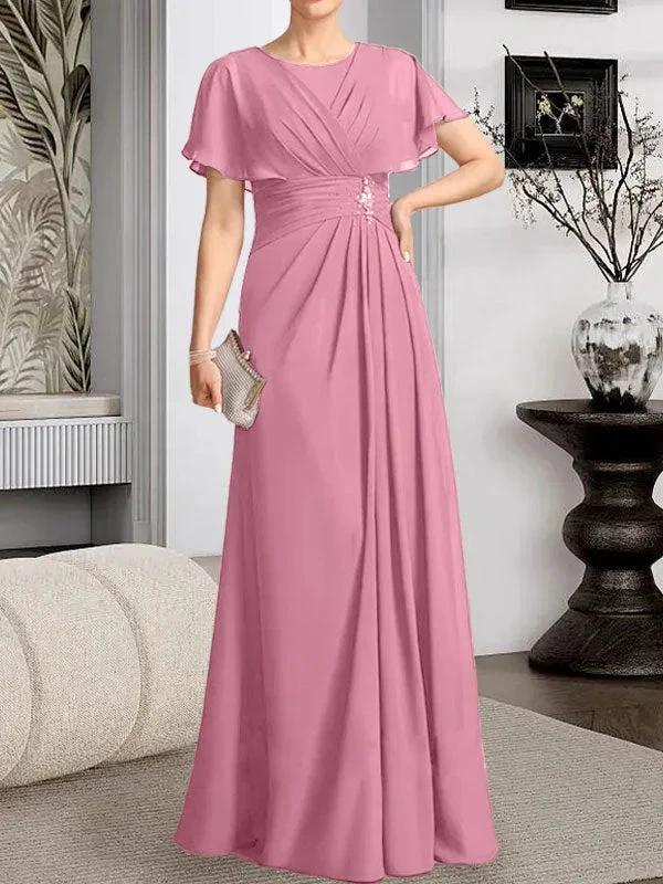 A-line Scoop Floor-Length Chiffon Mother of the Bride Dress With Pleated Beading by Dreamylily
