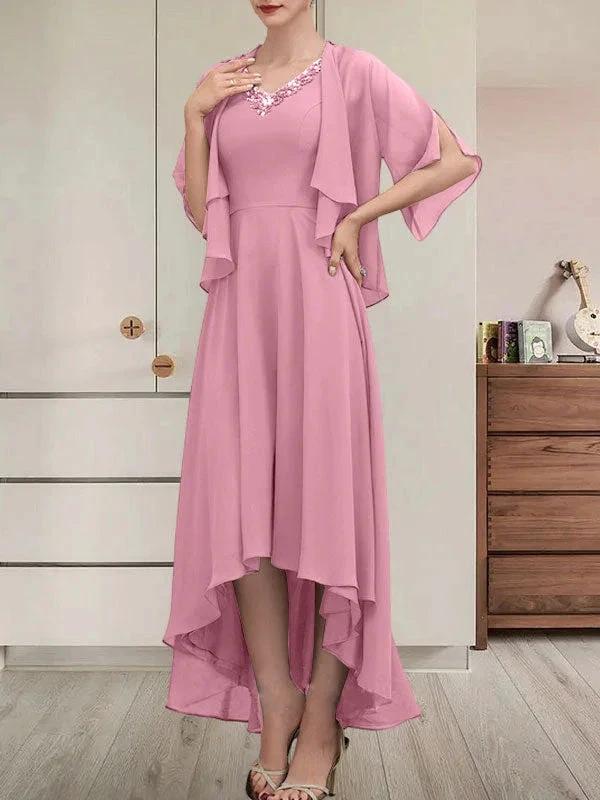 A-line V-Neck Asymmetrical Chiffon Mother of the Bride Dress With Beading Sequins by Dreamylily