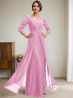 A-Line Scoop Illusion Floor-Length Lace Chiffon Mother Of the Bride Dress With Beading Ruffles by Dreamylily