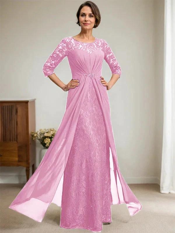 A-Line Scoop Illusion Floor-Length Lace Chiffon Mother Of the Bride Dress With Beading Ruffles by Dreamylily