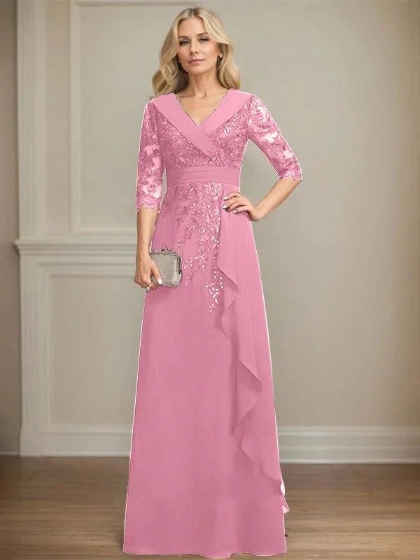 A-line Collared V-Neck Floor-Length Lace Chiffon Mother of the Bride Dress With Sequins Cascading Ruffles by Dreamylily