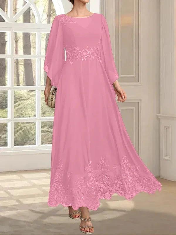 A-line Scoop Illusion Ankle-Length Lace Chiffon Mother of the Bride Dress With Sequins by Dreamylily