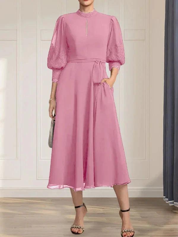 A-line High Neck Tea-Length Lace Chiffon Mother of the Bride Dress With Bow by Dreamylily