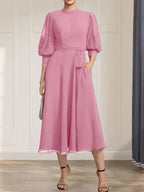 A-line High Neck Tea-Length Lace Chiffon Mother of the Bride Dress With Bow by Dreamylily