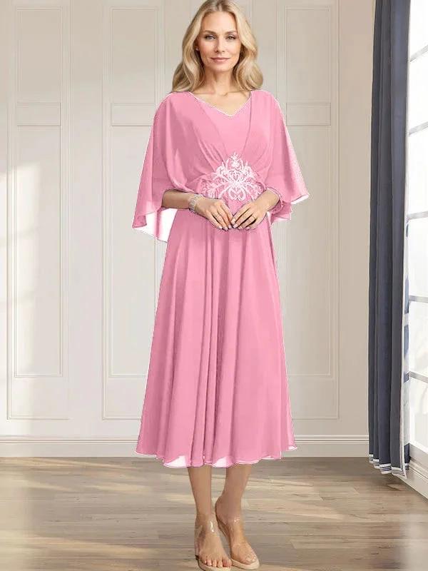 A-line V-Neck Tea-Length Chiffon Mother of the Bride Dress With Pleated Sequins Appliques Lace Beadind by Dreamylily