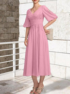 A-line V-Neck Tea-Length Lace Chiffon Mother of the Bride Dress With Pleated by Dreamylily