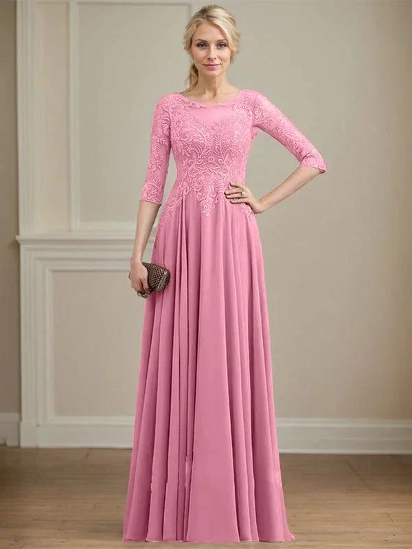 A-line Scoop Illusion Floor-Length Lace Chiffon Mother of the Bride Dress With Sequins by Dreamylily