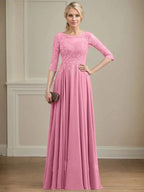 A-line Scoop Illusion Floor-Length Lace Chiffon Mother of the Bride Dress With Sequins by Dreamylily