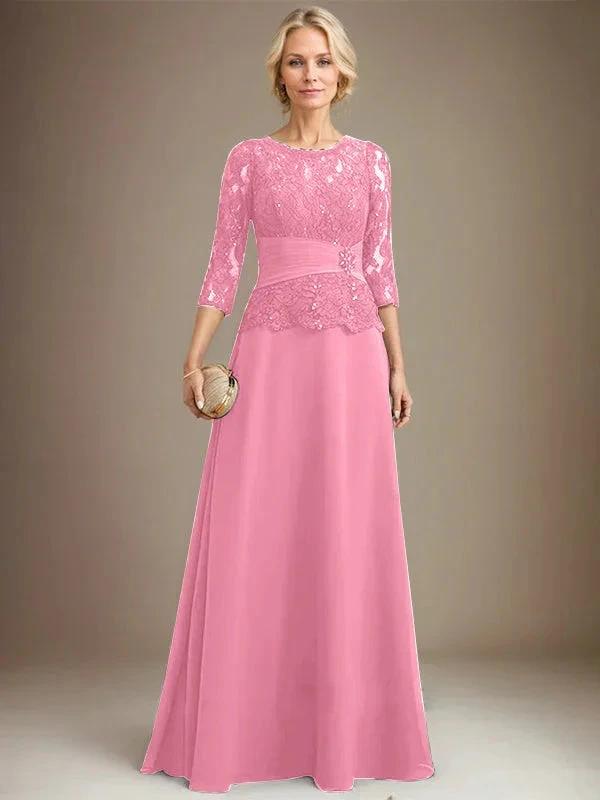 A-line Scoop Illusion Floor-Length Chiffon Lace Mother of the Bride Dress With Pleated Sequins Beading by Dreamylily