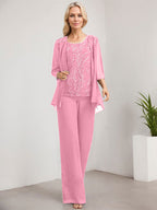 Separates Jumpsuit/Pantsuit Scoop Floor-Length Lace Chiffon Mother of the Bride Dress With Sequins