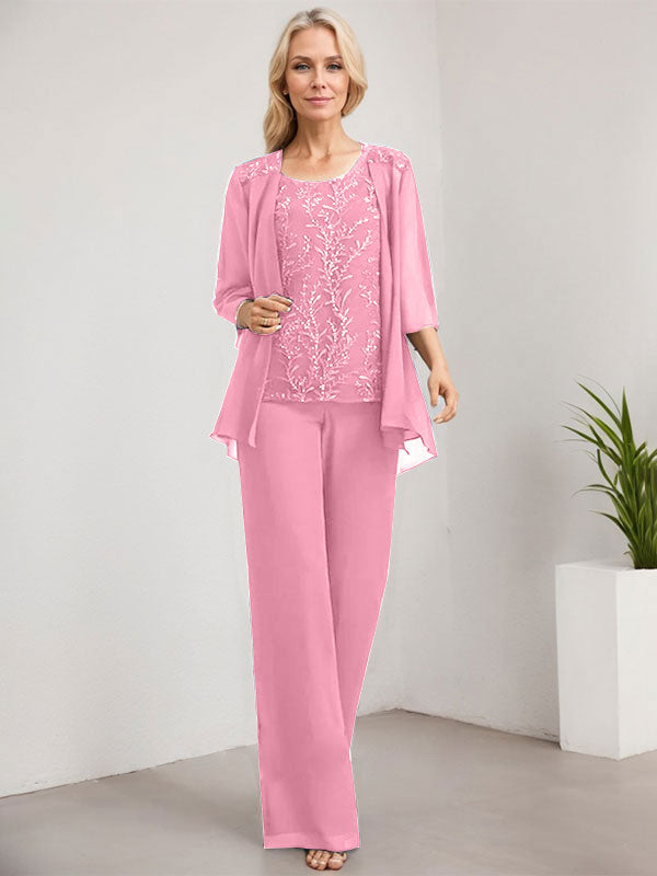 Separates Jumpsuit/Pantsuit Scoop Floor-Length Lace Chiffon Mother of the Bride Dress With Sequins