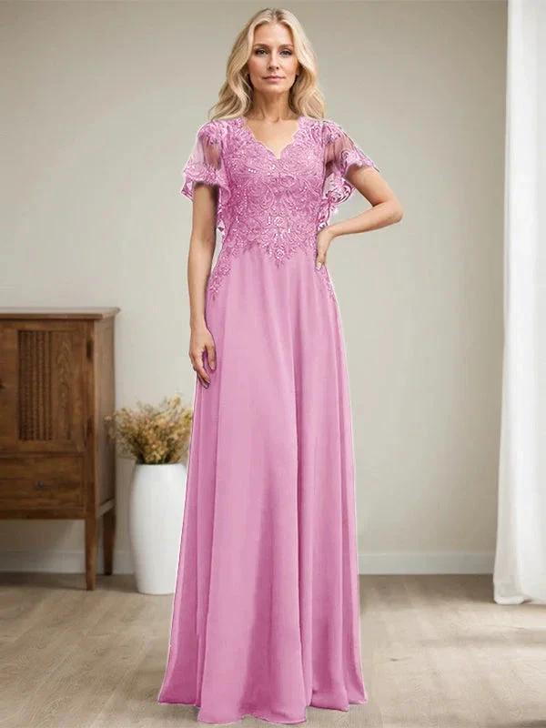 A-line V-Neck Floor-Length Lace Chiffon Mother of the Bride Dress With Sequins by Dreamylily