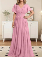 A-line V-Neck Floor-Length Chiffon Mother of the Bride Dress With Crystal Brooch Pleated by Dreamylily