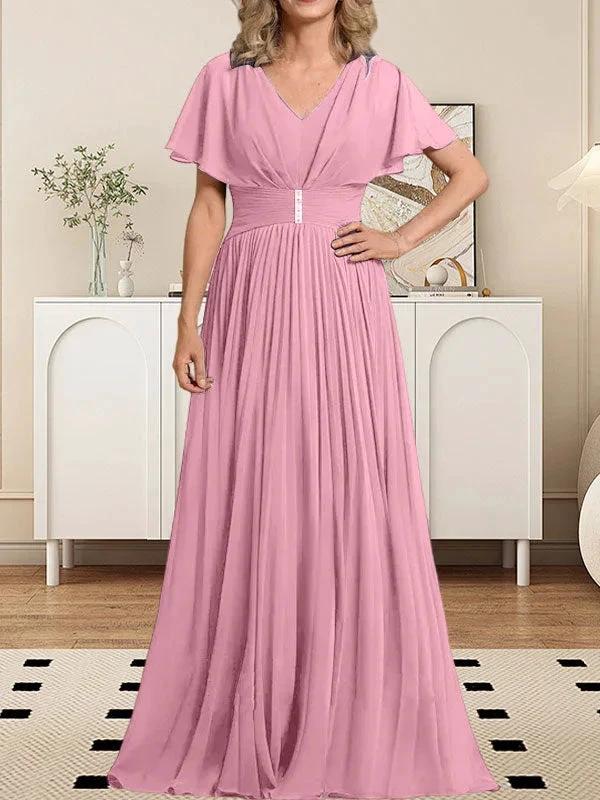 A-line V-Neck Floor-Length Chiffon Mother of the Bride Dress With Crystal Brooch Pleated by Dreamylily