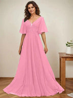 A-line V-Neck Floor-Length Chiffon Mother of the Bride Dress With Sequins Appliques Lace Pleated by Dreamylily