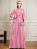A-line Scoop Illusion Floor-Length Lace Chiffon Mother of the Bride Dress With Pleated by Dreamylily