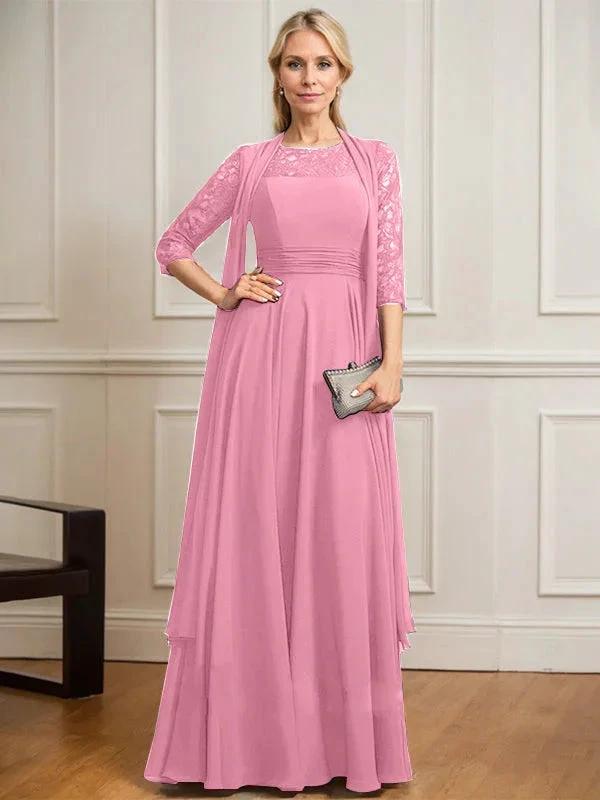 A-line Scoop Illusion Floor-Length Lace Chiffon Mother of the Bride Dress With Pleated by Dreamylily