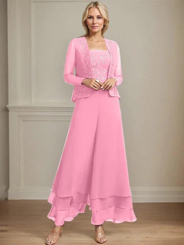 Separates Jumpsuit/Pantsuit Square Ankle-Length Lace Chiffon Mother of the Bride Dress With Sequins by Dreamylily