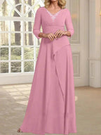 A-line V-Neck Floor-Length Chiffon Mother of the Bride Dress With Pleated Beading by Dreamylily