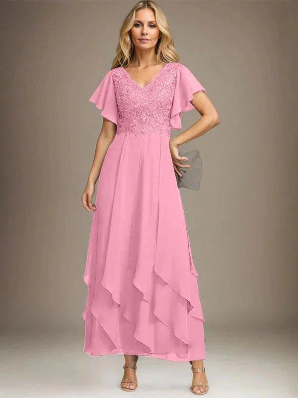 A-line V-Neck Ankle-Length Lace Chiffon Mother of the Bride Dress With Cascading Ruffles by Dreamylily