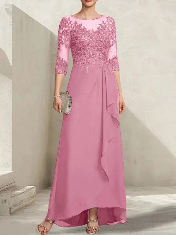 A-line Scoop Illusion Asymmetrical Lace Chiffon Mother of the Bride Dress With Sequins Cascading Ruffles by Dreamylily