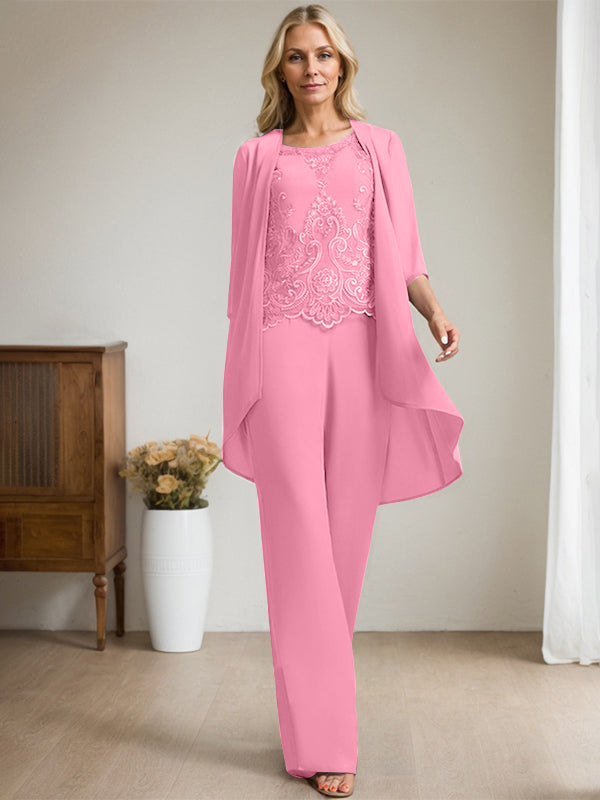 Separates Jumpsuit/Pantsuit Scoop Floor-Length Chiffon Lace Mother of the Bride Dress With Beading Sequins