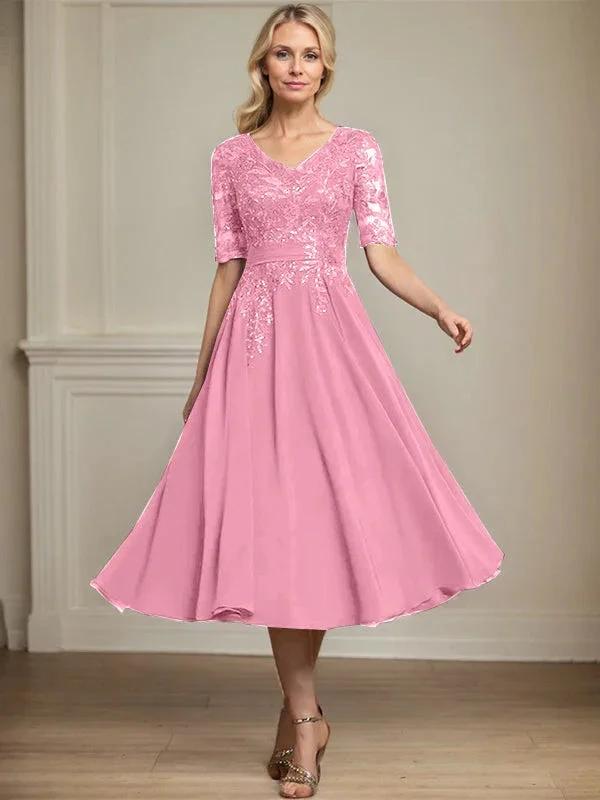 A-line V-Neck Tea-Length Lace Chiffon Mother of the Bride Dress With Sequins by Dreamylily