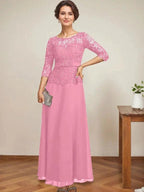 A-line Scoop Illusion Ankle-Length Chiffon Lace Mother of the Bride Dress With Rhinestone Beading by Dreamylily