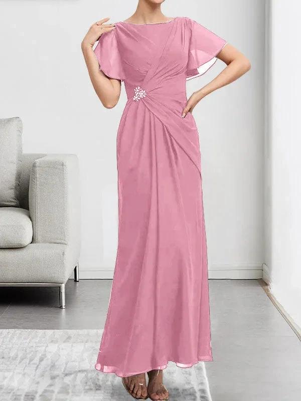 A-line Scoop Ankle-Length Chiffon Mother of the Bride Dress With Beading Pleated by Dreamylily