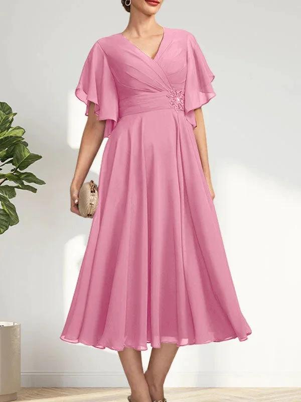 A-line V-Neck Tea-Length Chiffon Mother of the Bride Dress With Pleated Beading by Dreamylily