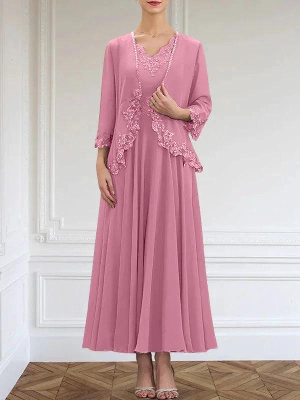 A-line V-Neck Ankle-Length Chiffon Mother of the Bride Dress With Sequins Appliques Lace Beading by Dreamylily