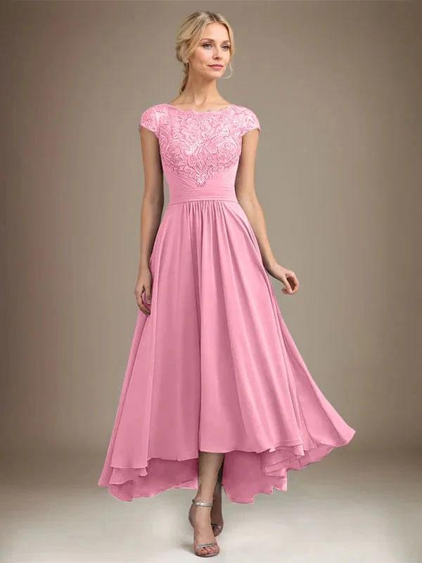 A-line Scoop Illusion Asymmetrical Lace Chiffon Mother of the Bride Dress With Pleated by Dreamylily