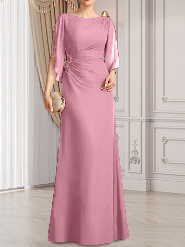 Etui-Linie/Säule U-Ausschnitt Bodenlang Chiffon Kleid für die Brautmutter mit Plissee Perlenbesatz