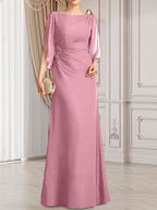 Etui-Linie/Säule U-Ausschnitt Bodenlang Chiffon Kleid für die Brautmutter mit Plissee Perlenbesatz