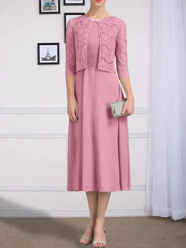 A-line Scoop Tea-Length Chiffon Mother of the Bride Dress With Pleated by Dreamylily