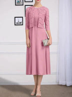 A-line Scoop Tea-Length Chiffon Mother of the Bride Dress With Pleated by Dreamylily