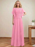 A-line Scoop Illusion Floor-Length Lace Chiffon Mother of the Bride Dress With Sequins by Dreamylily