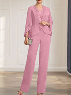 Separates Jumpsuit/Pantsuit V-Neck Floor-Length Chiffon Mother of the Bride Dress