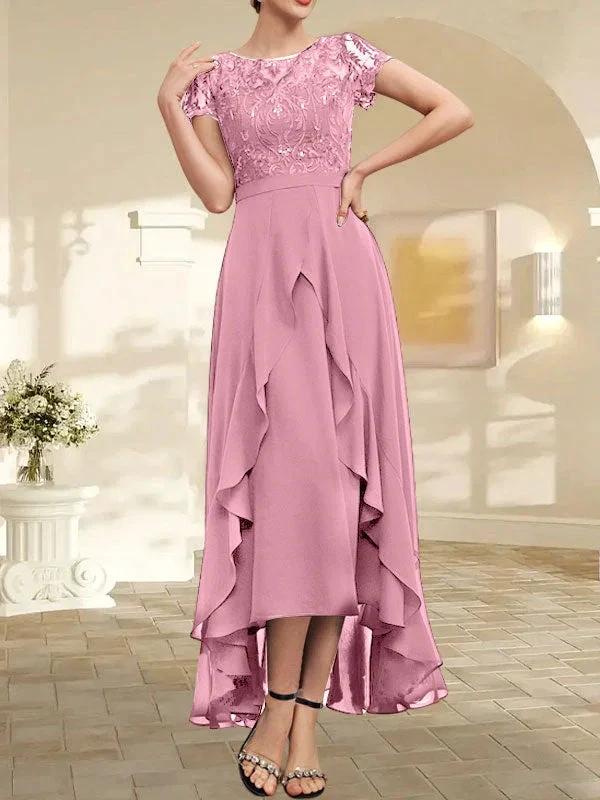 A-line Scoop Illusion Asymmetrical Chiffon Lace Mother of the Bride Dress With Bow Ruffle Sequins by Dreamylily